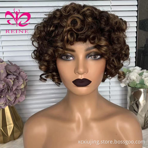 Highlight Honey Blonde Bouncy Curly Human Hair Wigs for Black Women Short Bob Curly Burgundy Full Machine Made Colored Wigs Remy